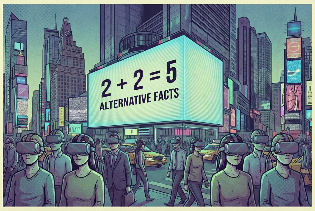 A futuristic city street scene resembling Times Square. A massive digital billboard displays the equation "2 + 2 = 5" with the text "ALTERNATIVE FACTS." Pedestrians walking on the street are all wearing virtual reality headsets.