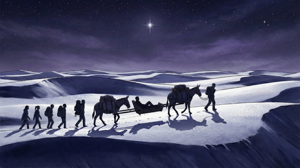 Seven tiny silhouettes walk single file across vast white sand dunes under a dark purple sky filled with falling stars and one bright central star. Mules pulling a litter are in the center of the line.