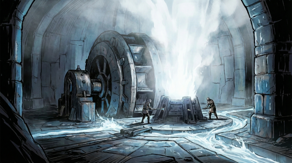 Two men in a dark underground chamber strain against a large iron lever next to massive machinery. A geyser of white steam erupts from the floor, and blue-white water rushes through stone channels.