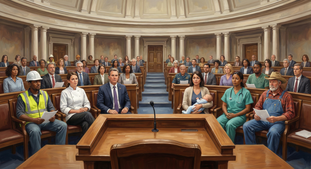 A view from behind the speaker's desk in a grand government chamber. The seats are filled with ordinary people in various work uniforms—a construction worker, a chef, a doctor, a farmer—rather than politicians in suits.
