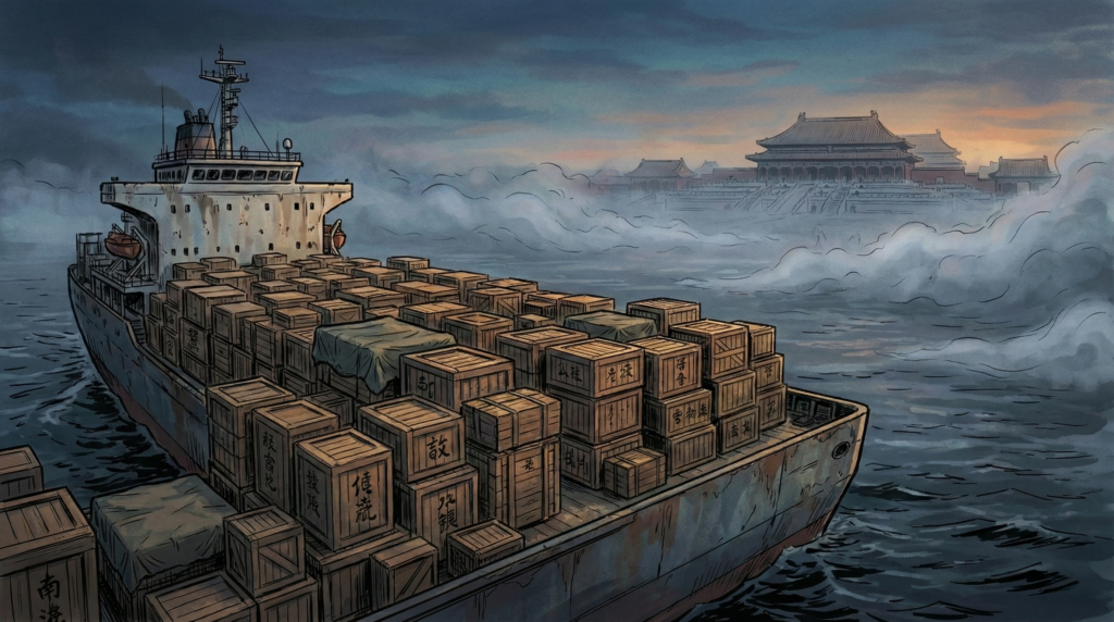 A graphic novel illustration of a large cargo ship loaded with wooden crates sailing across a misty sea, with the Forbidden City visible in the distance.