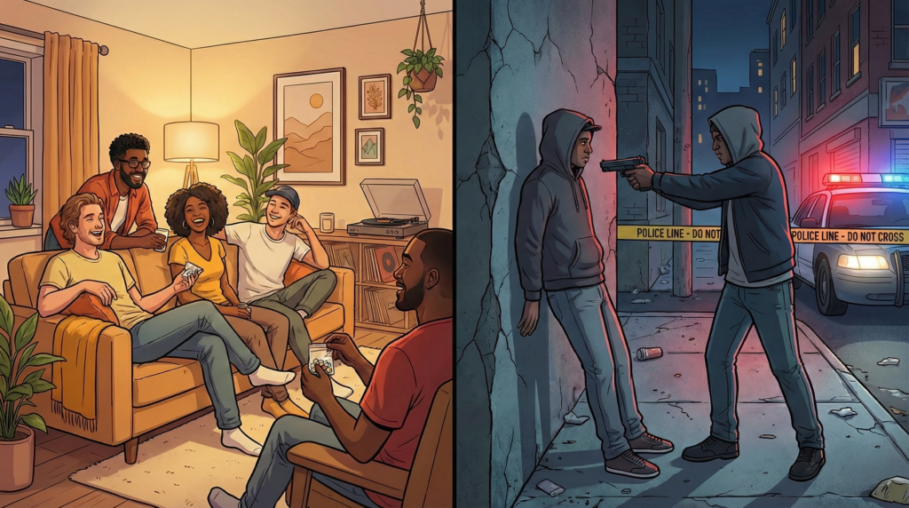 A split-screen illustration: on the left, a diverse group of friends laughs and uses drugs in a warm, safe living room; on the right, a street-level dealer holds someone at gunpoint in a dark alley.