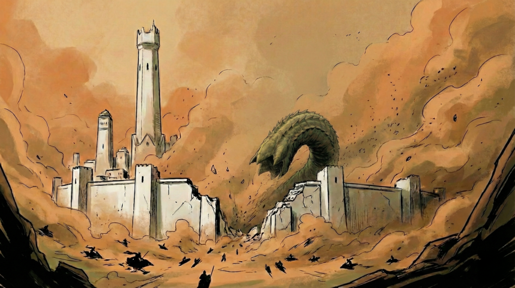 A graphic novel panel showing a large, scaled green and brown sandworm bursting through the white stone walls of a desert city during a massive orange dust storm. Tiny figures rush below.