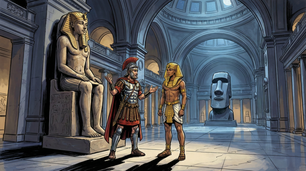 A graphic novel illustration inside a museum rotunda at night, showing a Roman soldier character talking to an Egyptian pharaoh character, with a large Moai head statue in the background.