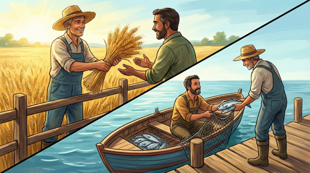 A diagonally split illustration. Top left: A farmer stands by a golden wheat field, handing a sheaf of wheat to a neighbor. Bottom right: The scene flips to the water, where the neighbor, now in a boat, hands fresh fish up to the farmer on the dock.