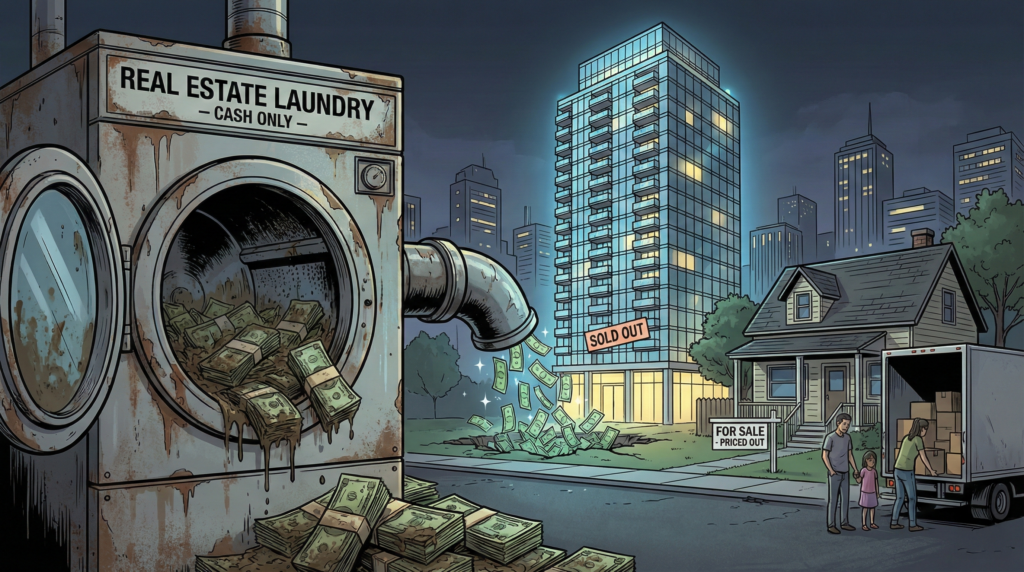 A visual metaphor showing a rusty machine labeled "Real Estate Laundry" turning dirty cash into a shiny high-rise condo, while a family moves out of a small house next door.