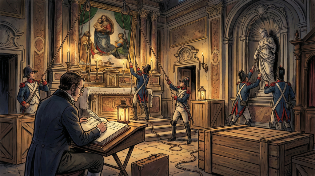 A graphic novel illustration of French soldiers under Napoleon's command removing art and statues from an Italian church, while a scholar takes notes.