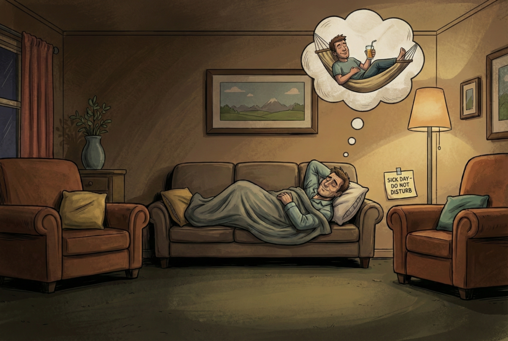 A man sleeping peacefully on a couch under a blanket, with a thought bubble showing him relaxing in a hammock, while a "Sick Day" note hangs nearby.