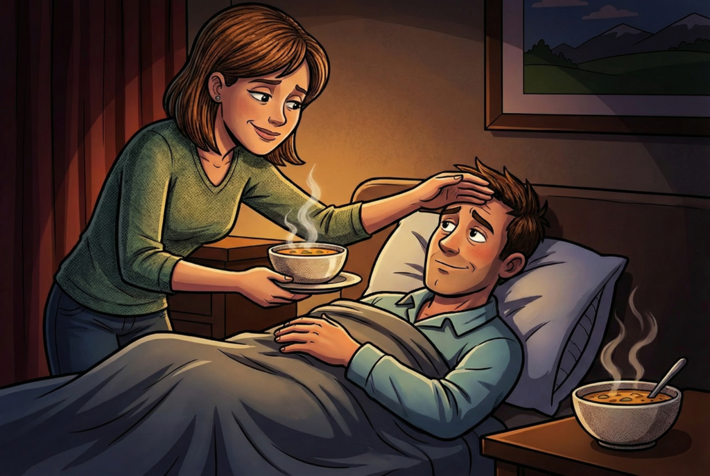 A woman gently checking a sick man's temperature with her hand while offering him a bowl of steaming hot soup.