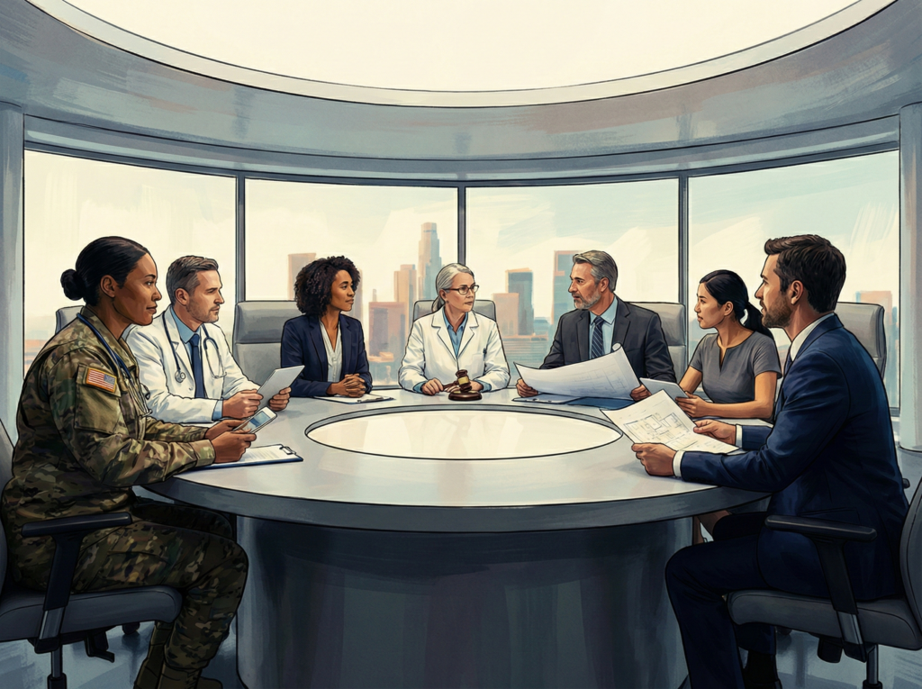 A modern, sunlit conference room featuring a round table. Seated around it are diverse professionals—a military general, a doctor, a judge, and an engineer—engaged in an equal, collaborative discussion with a city skyline in the background.