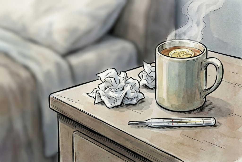 A wooden nightstand cluttered with a steaming mug of tea with lemon, a digital thermometer, and a pile of used tissues.