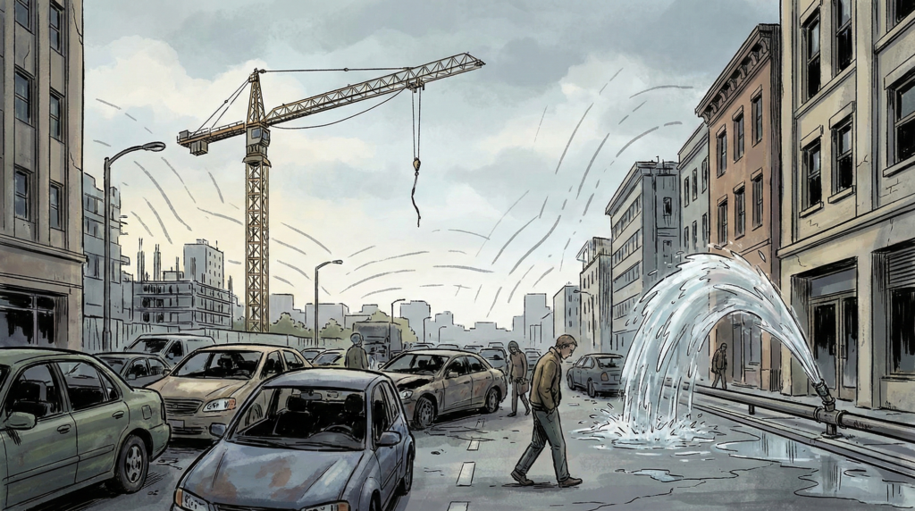 A comic-book illustration of a desolate city street under a cloudy sky. A broken crane and a powerful, silent water main burst create visual chaos, but pedestrians walk by with heads down, ignoring the scene.
