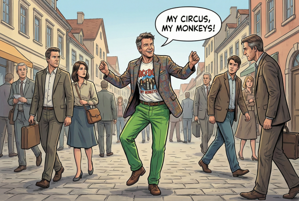 A landscape graphic novel illustration of a man in loud patterned blazer, an AC/DC t-shirt, and bright green pants dancing joyfully in the middle of a cobblestone street. He is surrounded by a crowd of people in dull, gray business suits looking at him with confusion. A speech bubble above his head reads, "MY CIRCUS, MY MONKEYS!".
