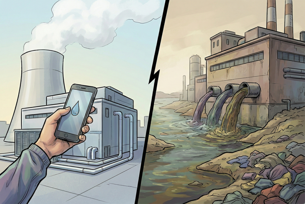 A split illustration showing a clean data center with cooling pipes on the left and a polluting textile factory dumping purple sludge into a river on the right.