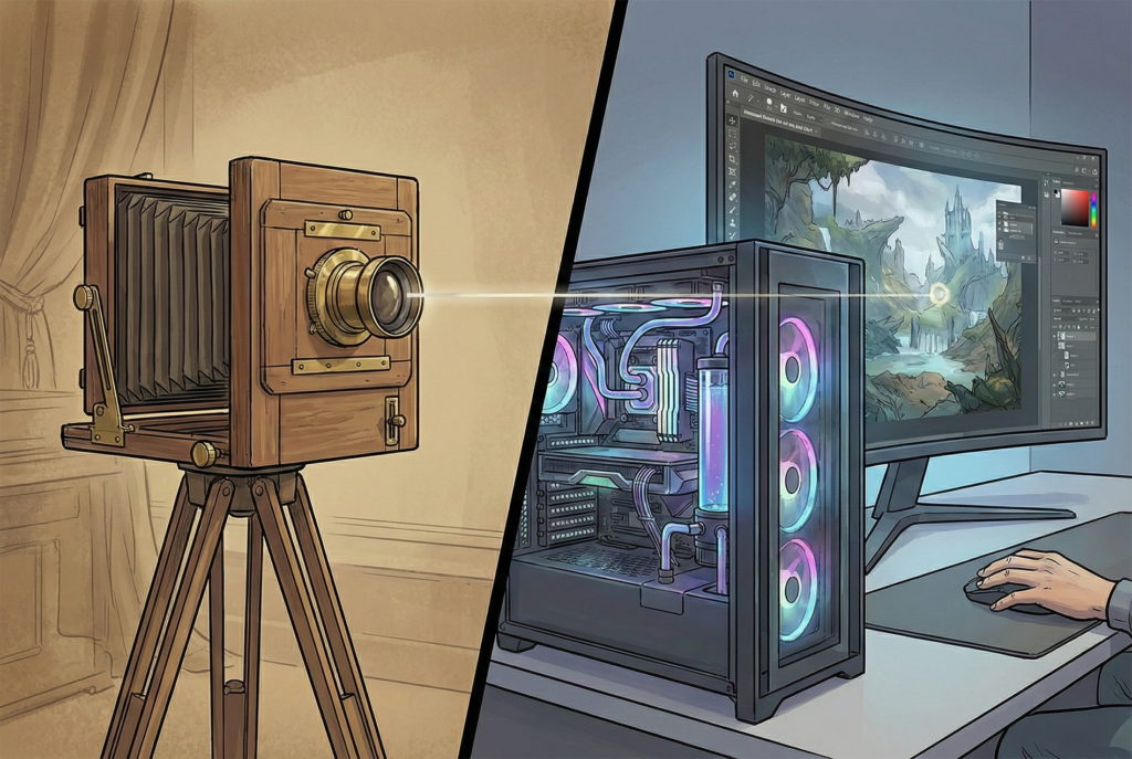 A split view showing an 1880s bellows camera on a tripod next to a modern high-end liquid-cooled PC with a digital painting on the monitor.