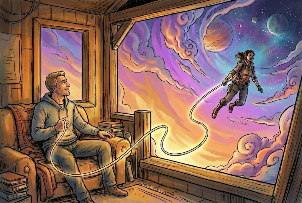 A man sits in a cozy armchair holding a glowing tether attached to a woman in a space suit floating through a colorful nebula outside their window.