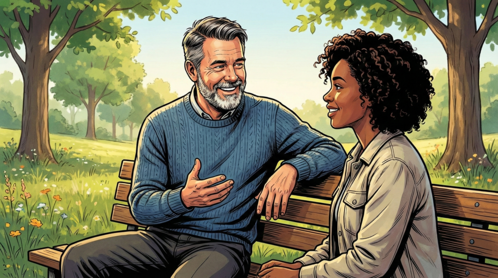 An older man with a gray beard and a younger woman with curly hair sit on a park bench, engaged in an earnest, friendly conversation.