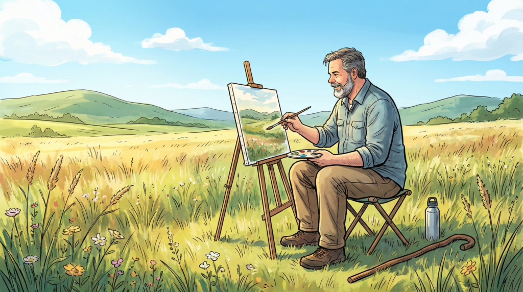 A middle-aged man with gray hair and a beard sits on a stool in a vast, sunlit meadow, painting a landscape on an easel.
