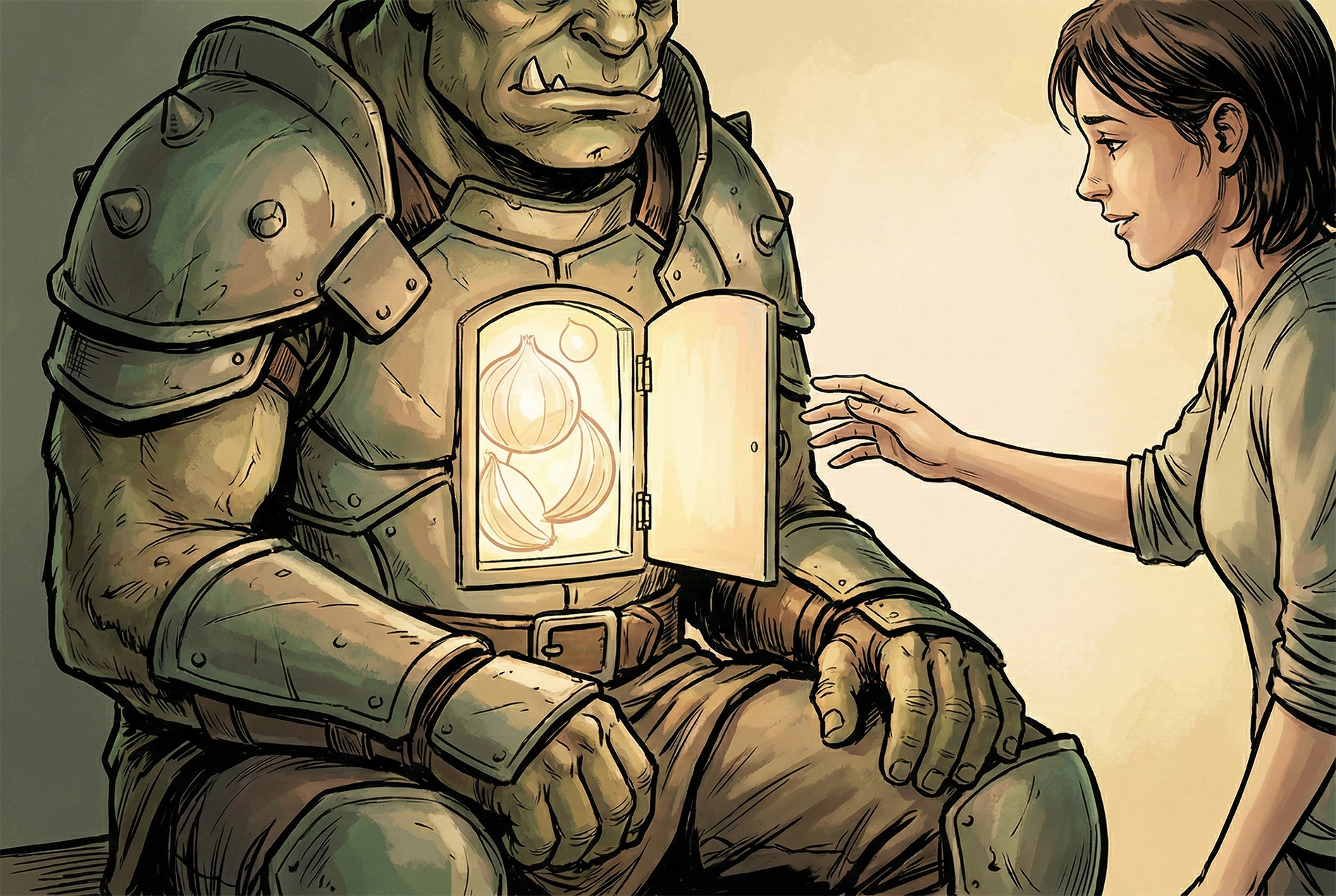 A large, armored ogre sitting down, opening a small door in his chest to reveal glowing onions inside to a smiling woman.