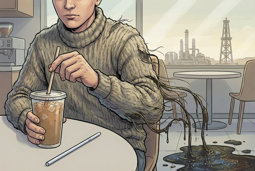 A person sitting in a cafe with a paper straw, wearing a tattered polyester sweater that is melting into a puddle of black oil.