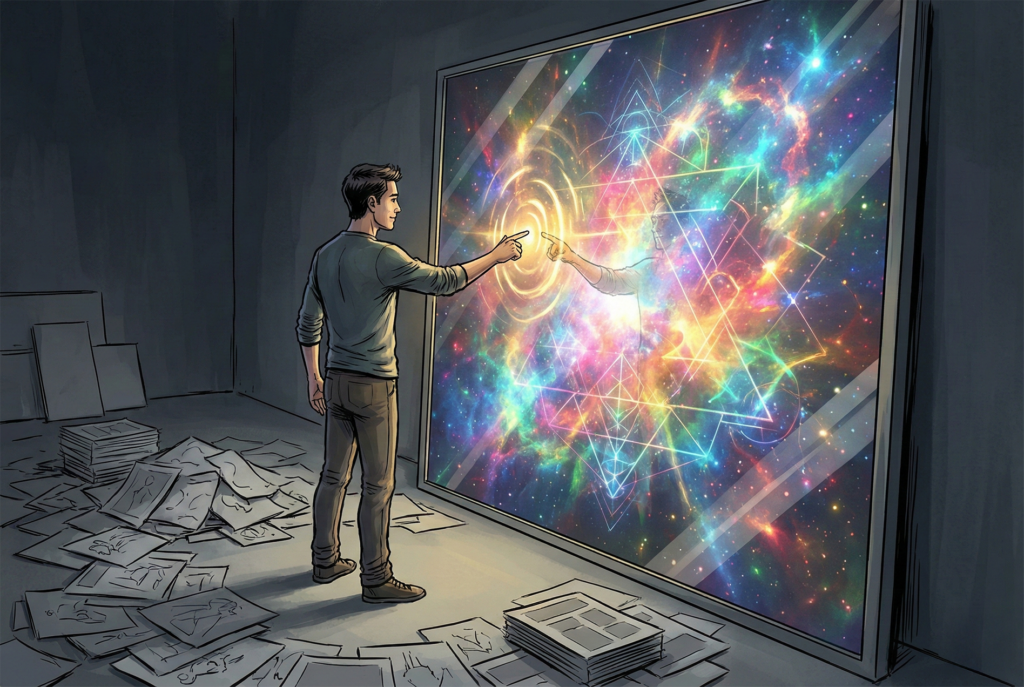 A man standing in a dark room filled with piles of discarded paper, touching a glowing mirror that reflects a vibrant, colorful nebula of geometric light.