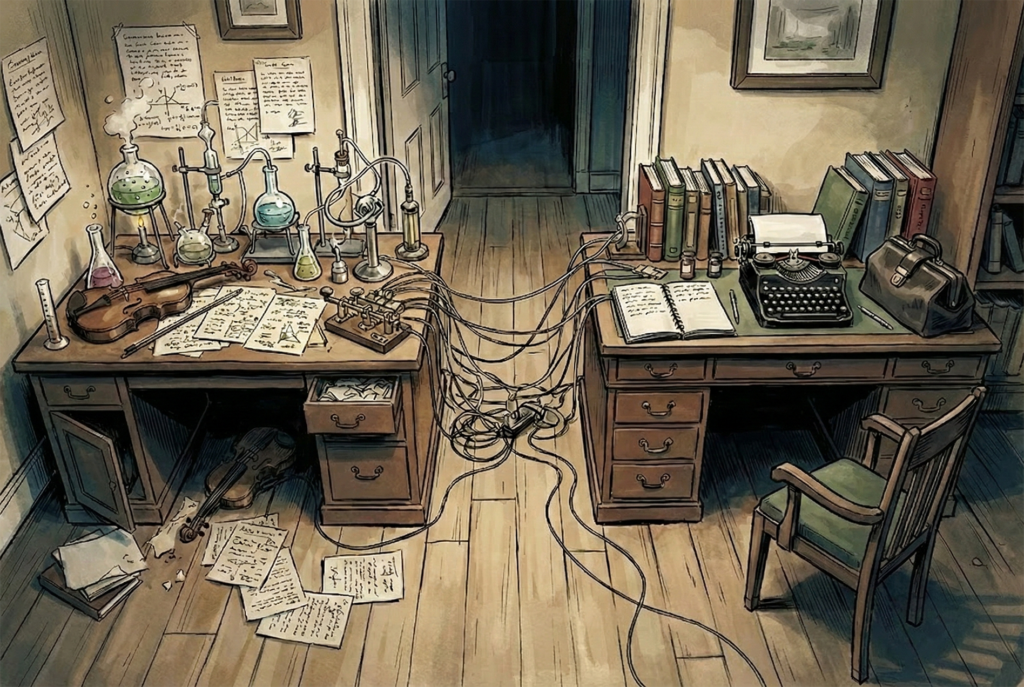 Two vintage wooden desks connected by a mess of tangled cables, featuring a chemistry set, a violin, a typewriter, and a telegraph machine.