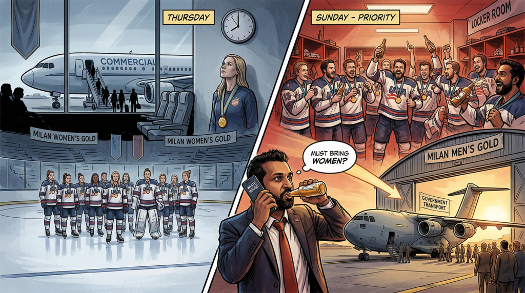 A split-panel graphic novel illustration comparing a quiet USA women's hockey team on an empty rink watching a commercial jet (Thursday) with a rowdy USA men's locker room celebration involving Kash Patel shotgunning a beer and making a call to the White House (Sunday) next to a military plane.