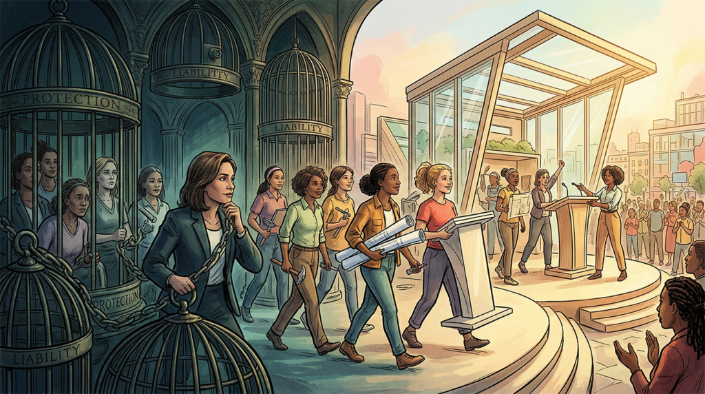A dynamic graphic novel narrative flowing from diverse, weary women untangling themselves from dark birdcage-like structures etched with 'PROTECTION' on the left, toward a vibrant, sunlit city square on the right where diverse women are actively constructing a large, open-air stage.