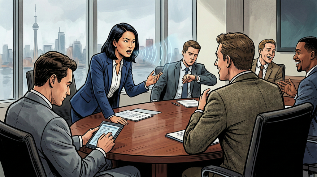 A graphic novel illustration of an East Asian woman speaking passionately in a Toronto conference room while most of her male colleagues ignore her to look at tablets or talk among themselves.