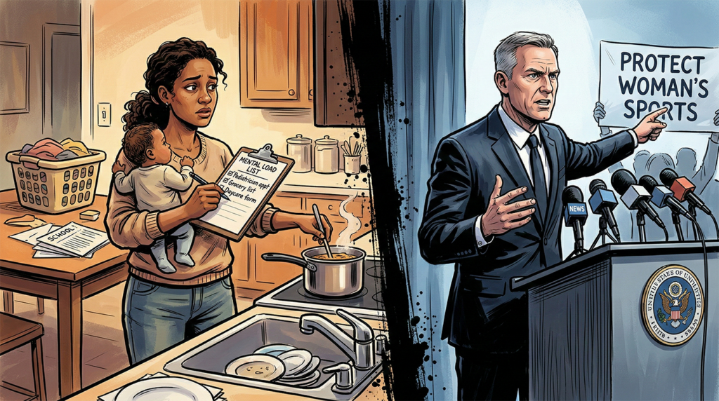 A split graphic novel illustration: on the left, an overwhelmed mother simultaneously holds a baby, writes a 'MENTAL LOAD LIST,' and stirs a pot; on the right, a stern man in a suit gives a speech at a podium with a 'PROTECT WOMAN'S SPORTS' banner.