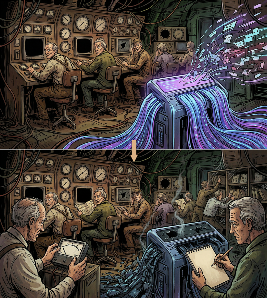 A cluttered, ancient control room with confused, obsolete human operators sitting before non-responsive screens while a single sleek AI console processes high-speed data streams- until it breaks, and then they are madly scrambling to figure it out.