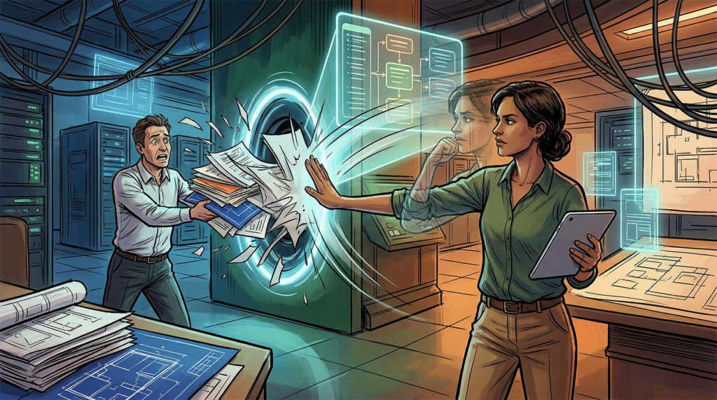 A landscape illustration of a futuristic office where a manager blindly submits messy papers to a dark AI vortex, only to be stopped by a thoughtful Business Analyst raising a hand.