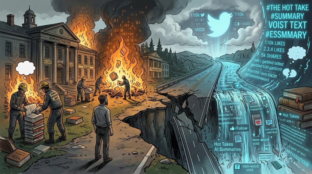 A graphic novel illustration of a split scene, with men in hard hats burning piles of books from a classical "ADMINISTRATIVE" building on the left, and a massive, glowing blue data waterfall on the right featuring "Hot Takes" and "AI Summaries."