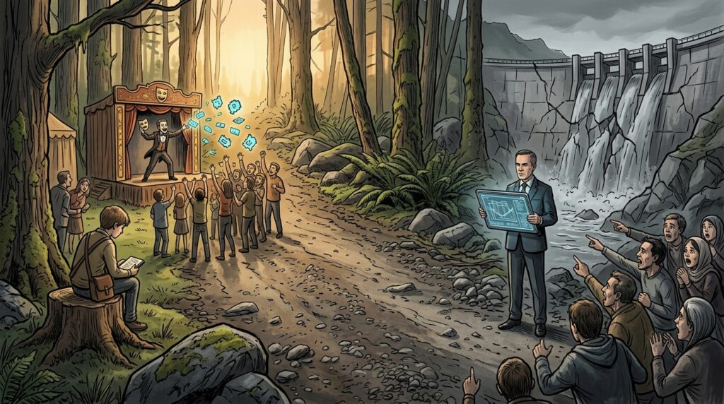 A forest clearing split between an outdoor stage on the left where a magician with a mask throws "MEME TOKENS" to a cheering crowd, and a crumbling dam on the right where a man in a suit displays a blueprint to a desperate, pointing crowd.