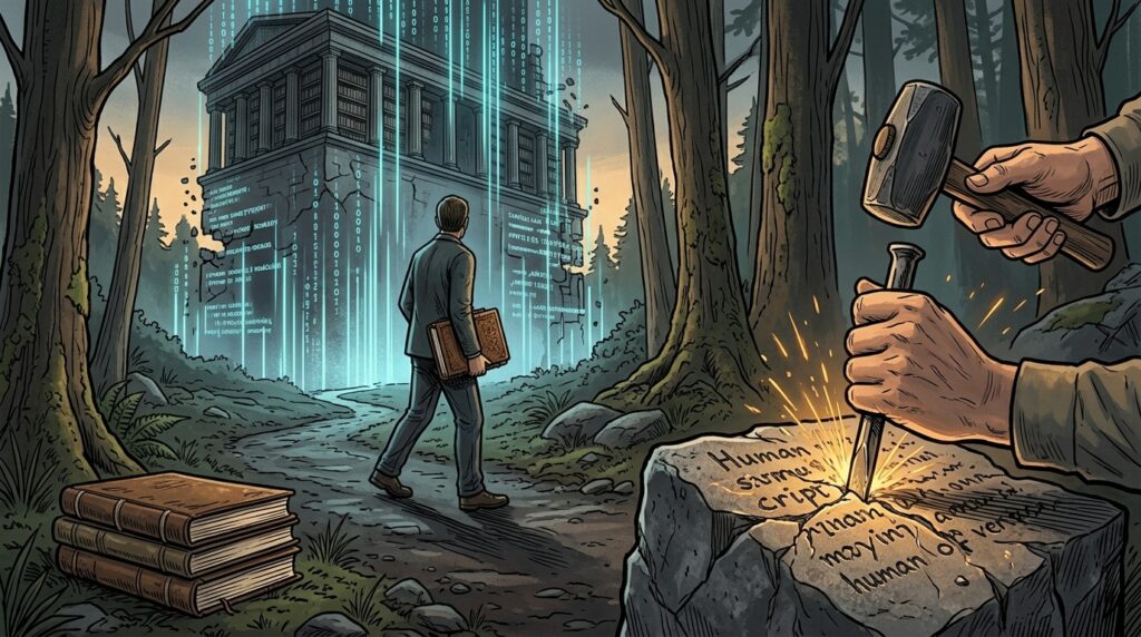 In the foreground, hands use a mallet and chisel to carve the words "HUMAN SCRIPT" into a stone block, while in the background, a man with a book walks on a path towards a futuristic digital library glowing with code in a forest.