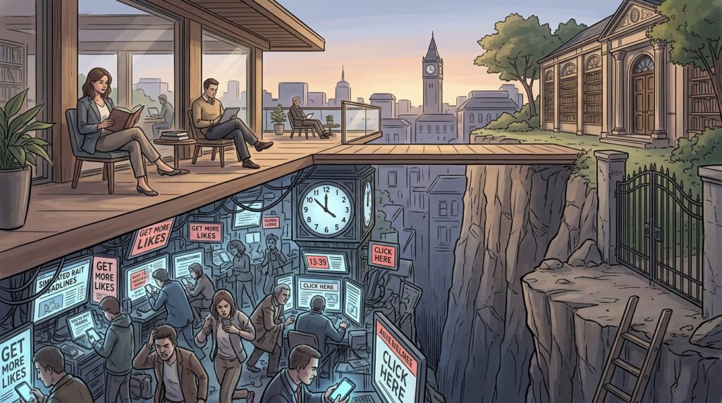 A split scene showing a peaceful upper modern terrace overlooking a city and a crumbling Greek library, connected by a bridge over a cliff to a crowded, chaotic lower slum filled with computers and "GET MORE LIKES" signs.